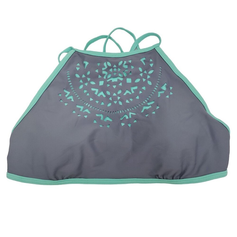 O'Rageous Women's Gray Mint Lazer Cut High Neck Tie Back‎ Swim Bikini Top Sz L